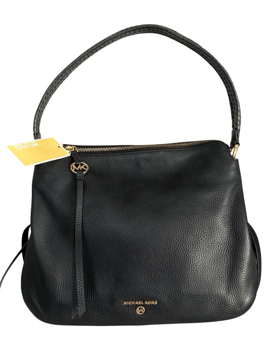 Michael Kors Grand Large Hobo Shoulder Bag Luxe Leather Braided Strap Black Gold